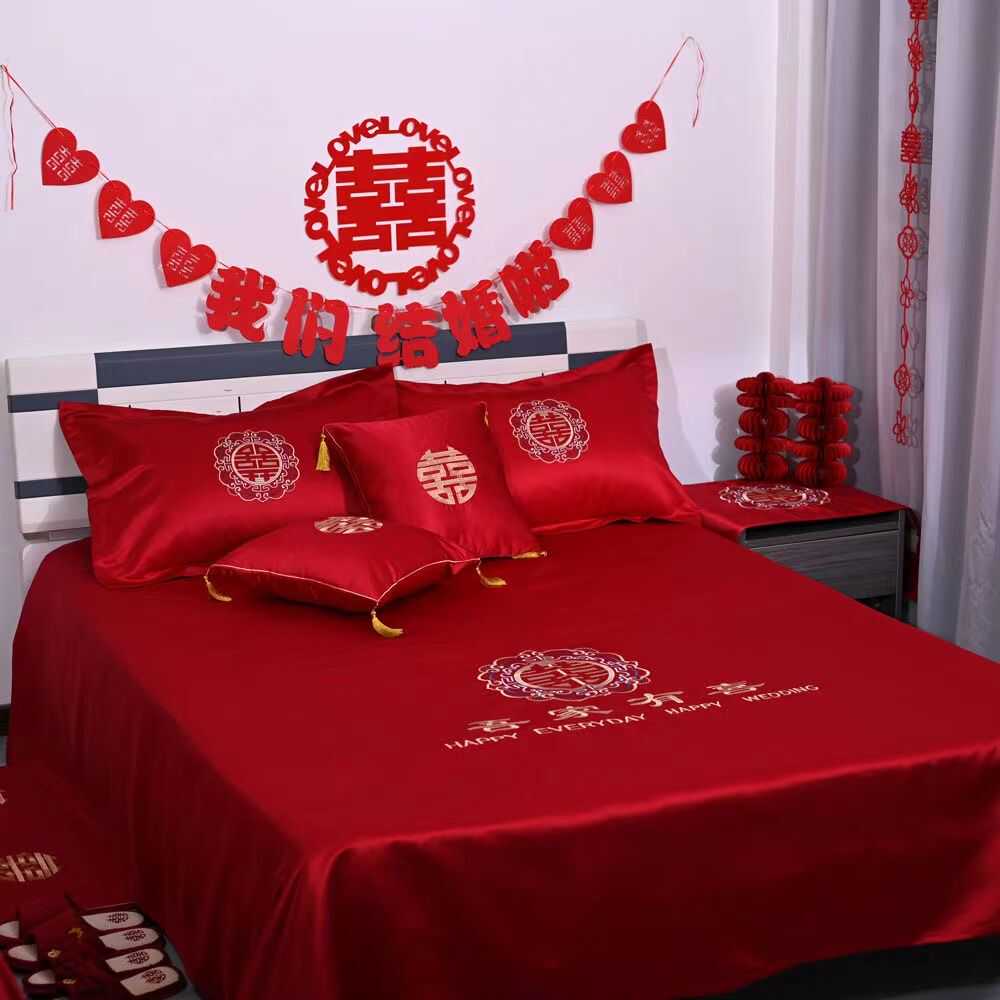 红床单结婚单件女方婚房布置卧室出嫁陪嫁物品中式刺绣2024年新款 床上用品 床单 原图主图