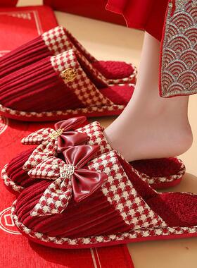 新款厚底结婚拖鞋红色喜庆家居时尚静音软底情侣一对新郎新娘陪嫁