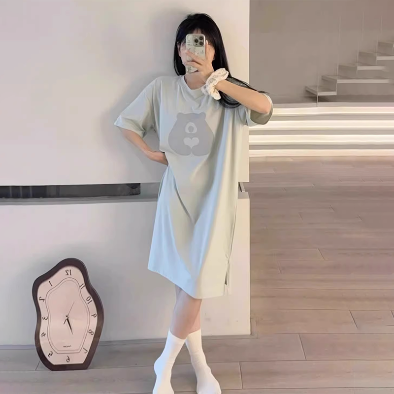 莫代尔短袖睡衣女夏季透气亲肤中长款中袖印花圆领T恤睡裙家居服