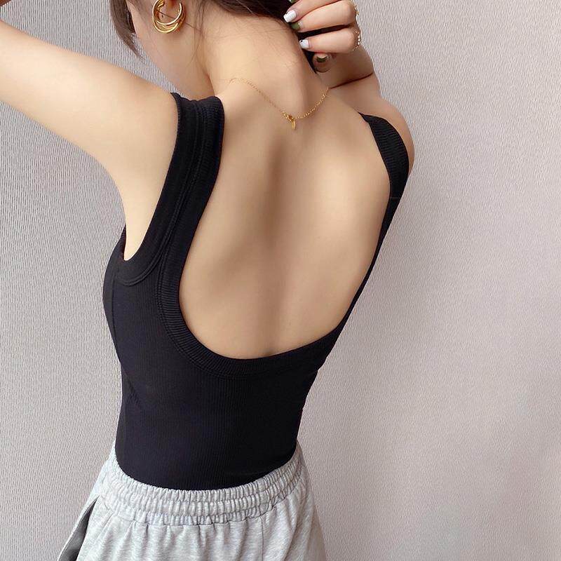 文胸一体美背背心女宽肩带露背螺纹棉U型吊带带胸垫西装内搭打底