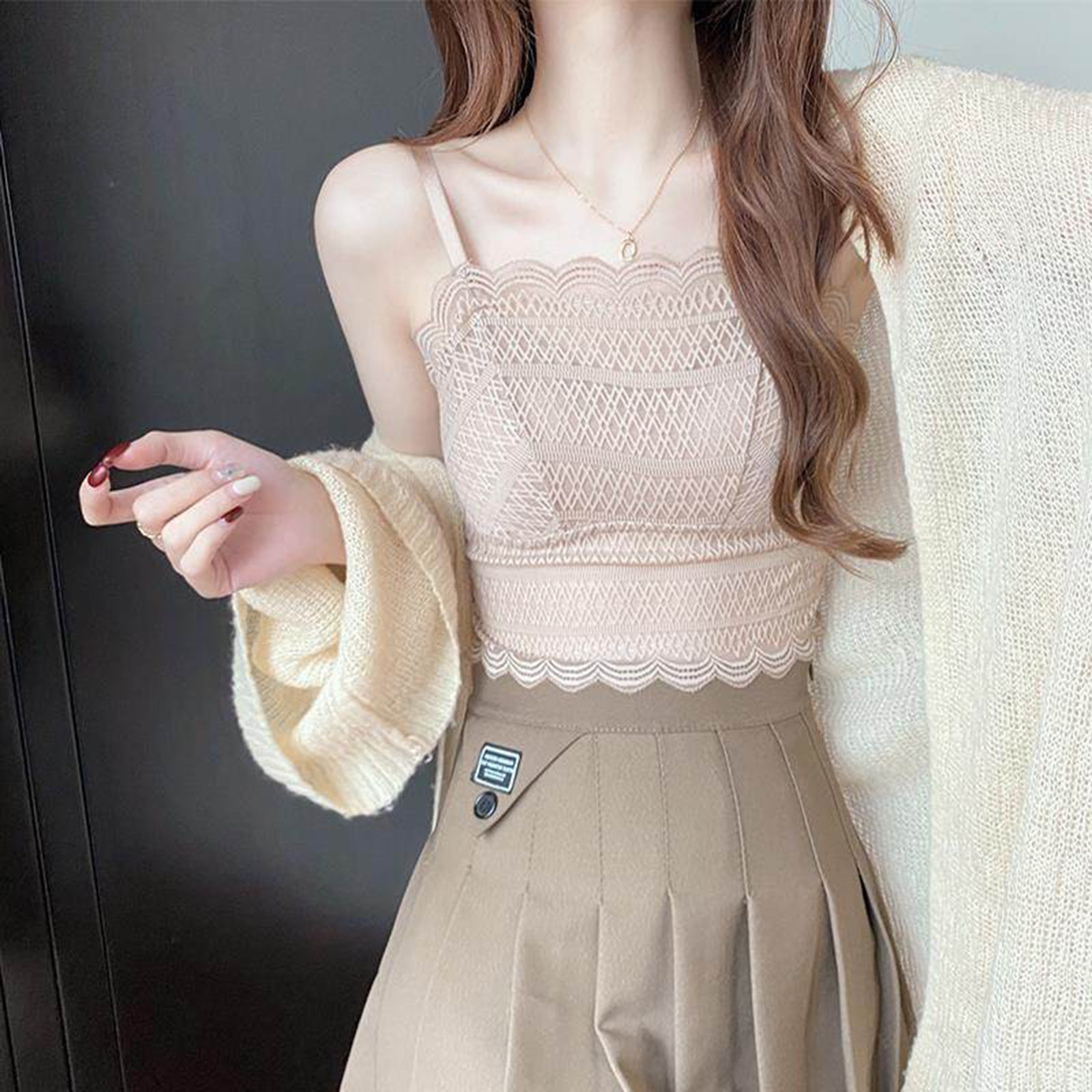 蕾丝吊带小背心女带胸垫文胸一体美背内衣防走光抹胸内搭打底上衣