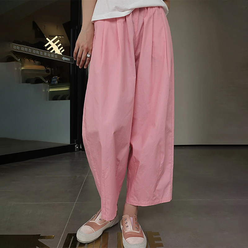 夏季粉色冰丝气球裤女薄款时尚洋气松紧高腰直筒小个子九分阔腿裤