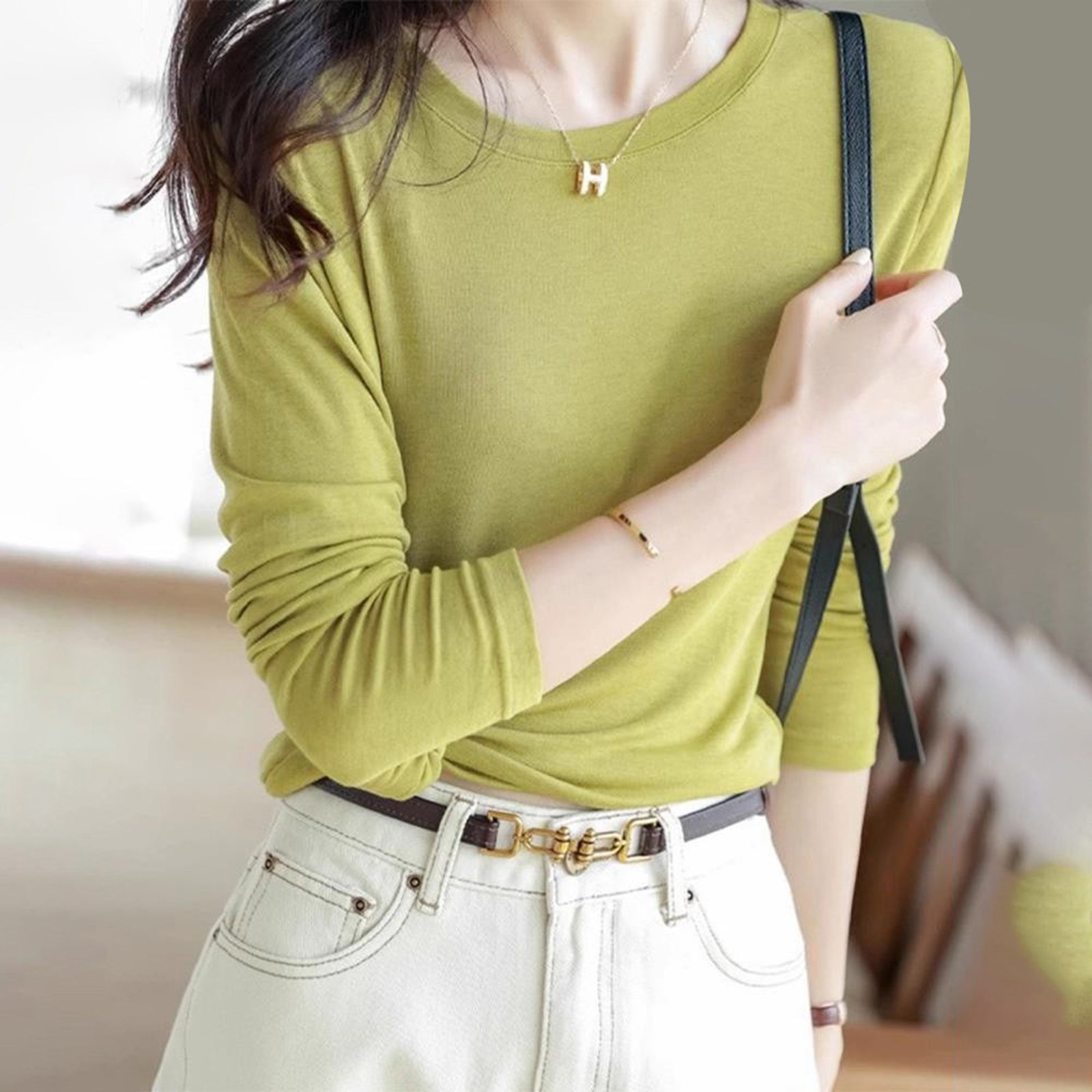 软糯面膜长袖T恤女春秋薄款内搭修身打底衫显瘦舒适弹力百搭上衣