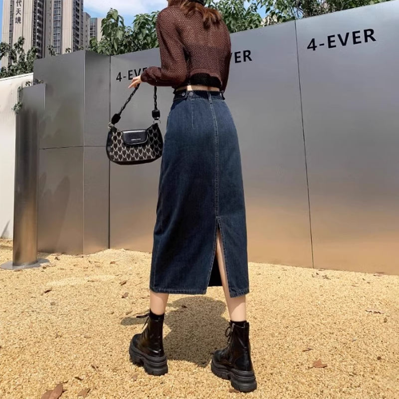 蓝灰色牛仔包臀半身裙女春秋2025新款a字显瘦高腰中长款开叉长裙