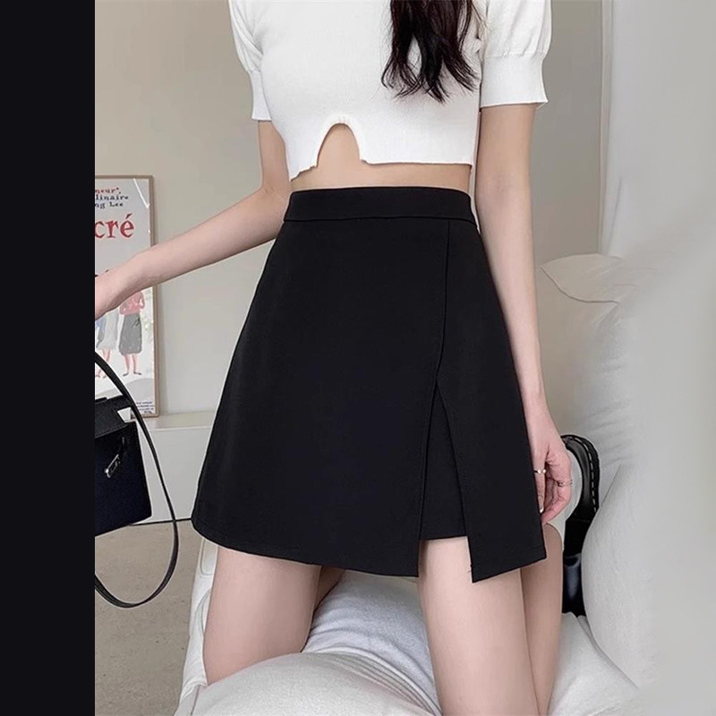 黑色短裤高腰开叉半身裙