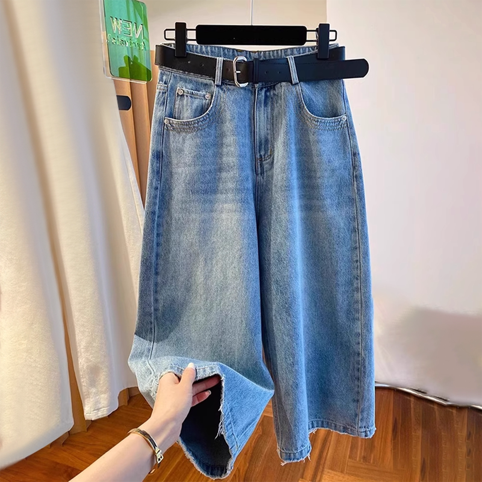 复古蓝阔腿牛仔裤子2025新款今年流行爆款女夏薄款大码阔腿七分裤