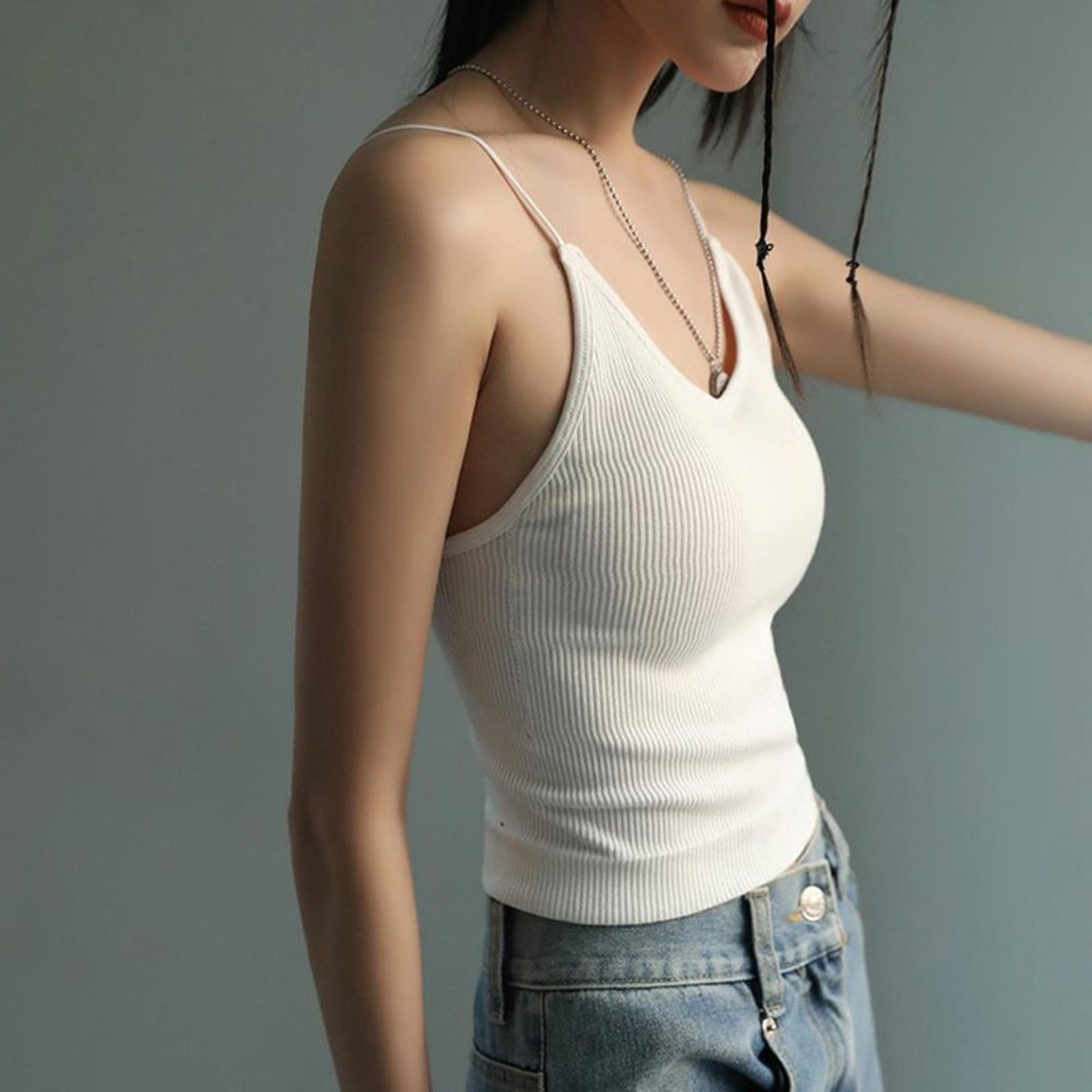 白色吊带背心女内搭带胸垫短款V领无袖打底衫文胸一体美背内衣