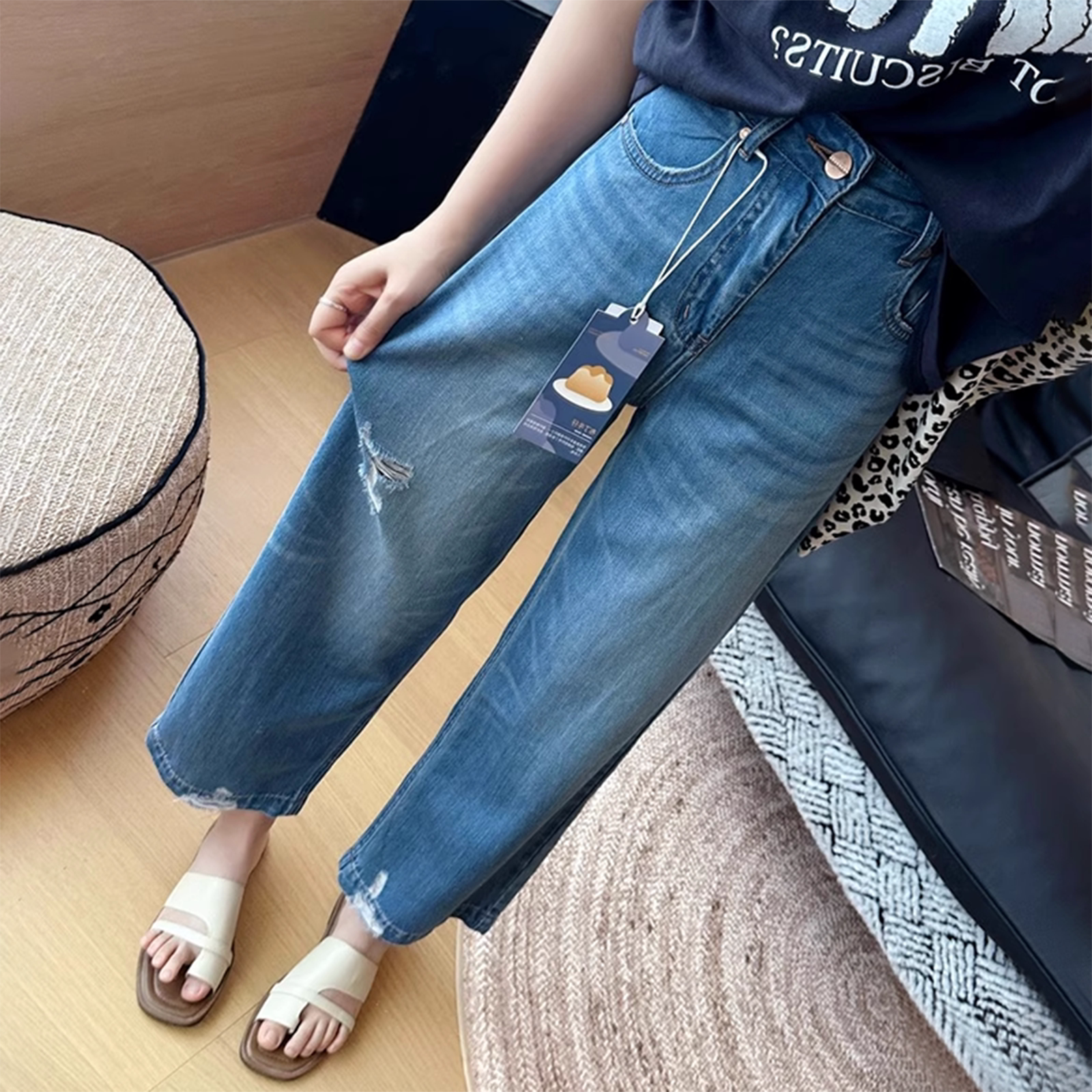 夏季蓝色破洞牛仔裤女薄款大码梨形身材小个子高腰直筒九分阔腿裤