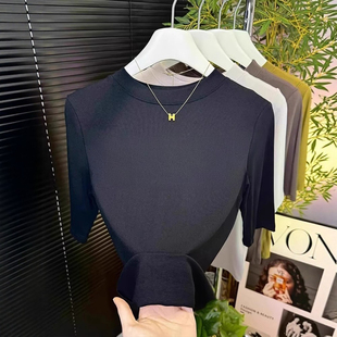 半高领中袖打底衫女春秋修身内搭五分袖t恤高端大牌七分袖上衣