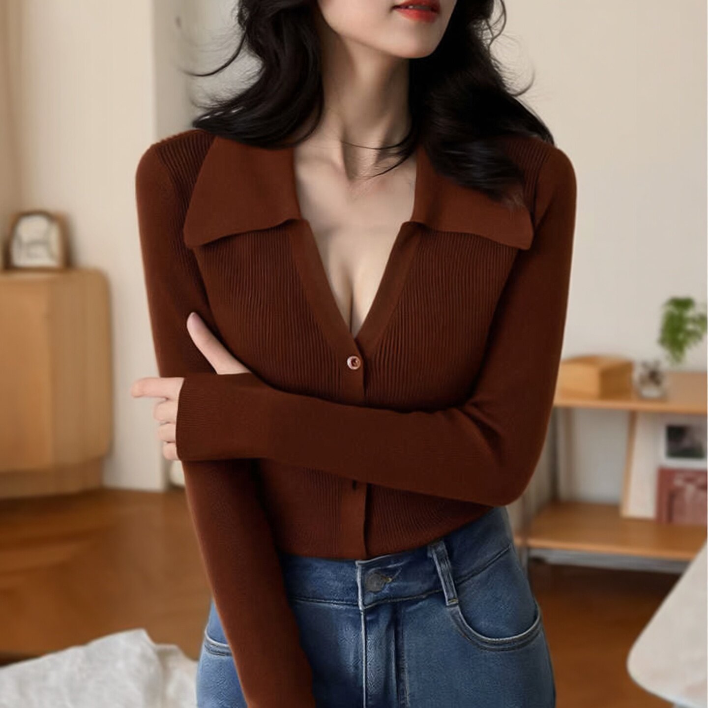 美拉德咖色V领针织开衫女