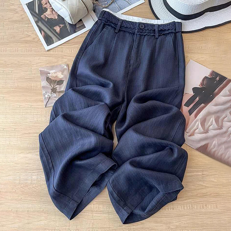 夏季宽松藏青色亚麻阔腿裤女垂坠感长裤高腰休闲显瘦冰丝直筒裤子