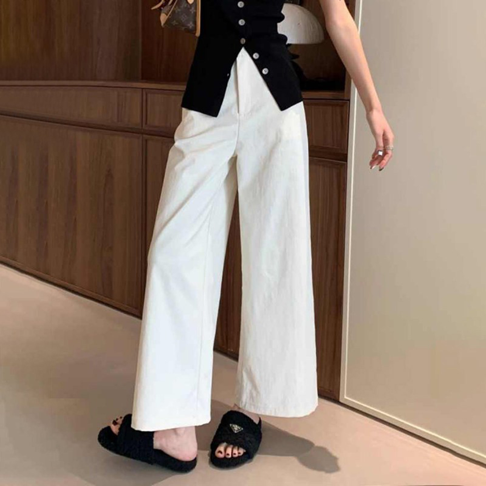 夏季白色阔腿裤女2025新款高腰宽松慵懒风松弛感休闲九分直筒裤子
