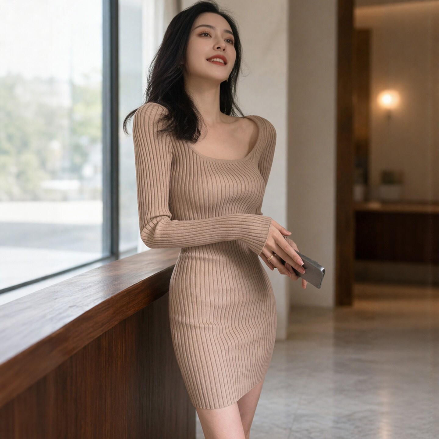高个子女生方领连衣裙秋冬短裙