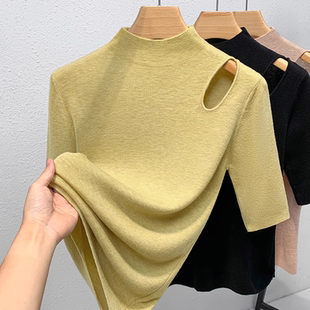 半高领中袖镂空针织衫女春秋内搭半袖毛衣打底衫高级感五分袖上衣