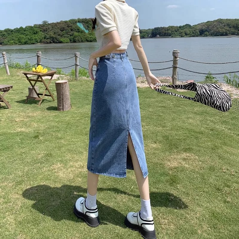 高腰开叉牛仔半身裙女2025年新款中长款春季a字直筒包臀裙子