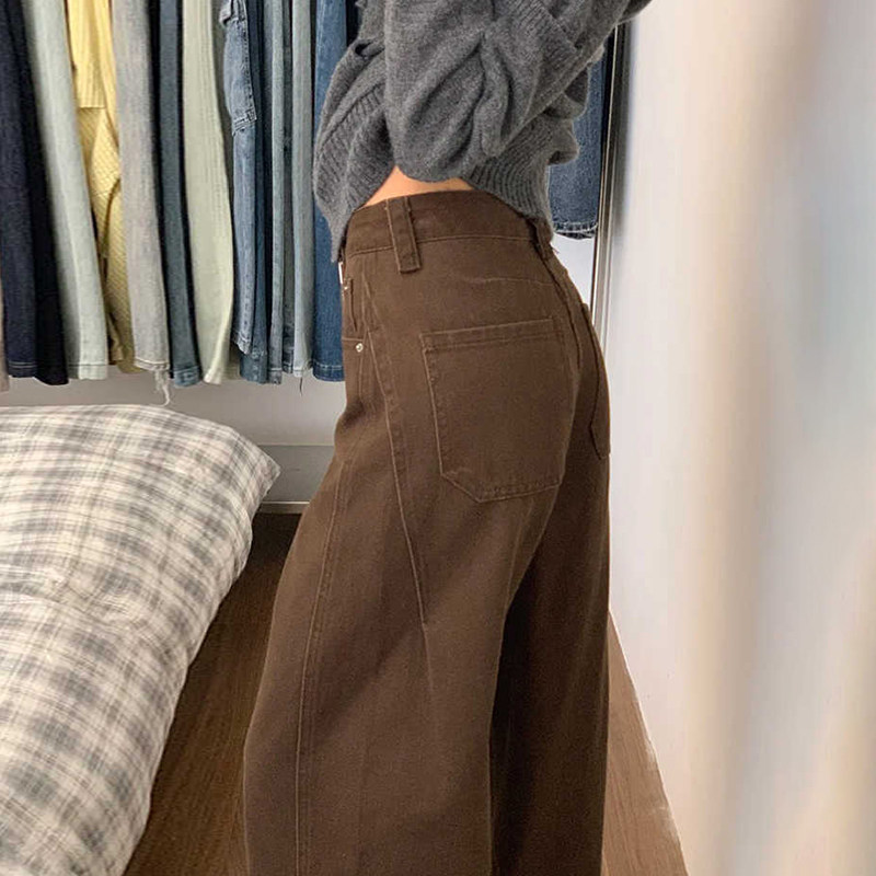 秋冬棕色弯刀牛仔裤女时尚复古小个子宽松梨型身材高腰直筒阔腿裤