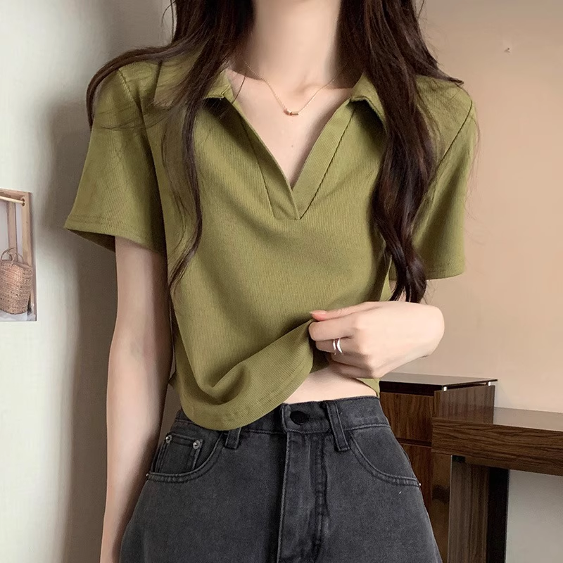 绿色polo领短袖t恤女短款夏季修身V领纯色圆弧下摆纯棉正肩白上衣