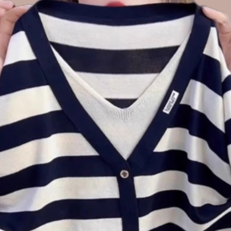 假两件欧货条纹冰丝针织短袖t恤女秋季内搭欧货高端大牌小衫上衣