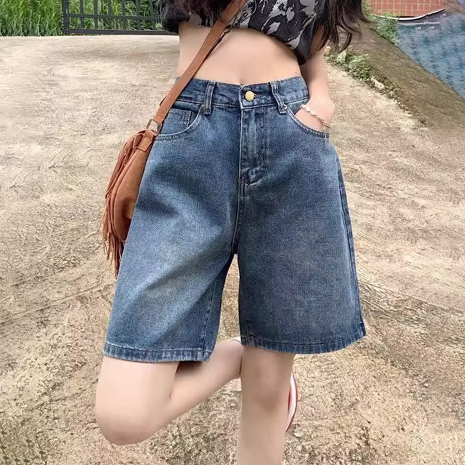 2025夏季深蓝色牛仔短裤女薄款高腰宽松直筒中裤小个子a字五分裤