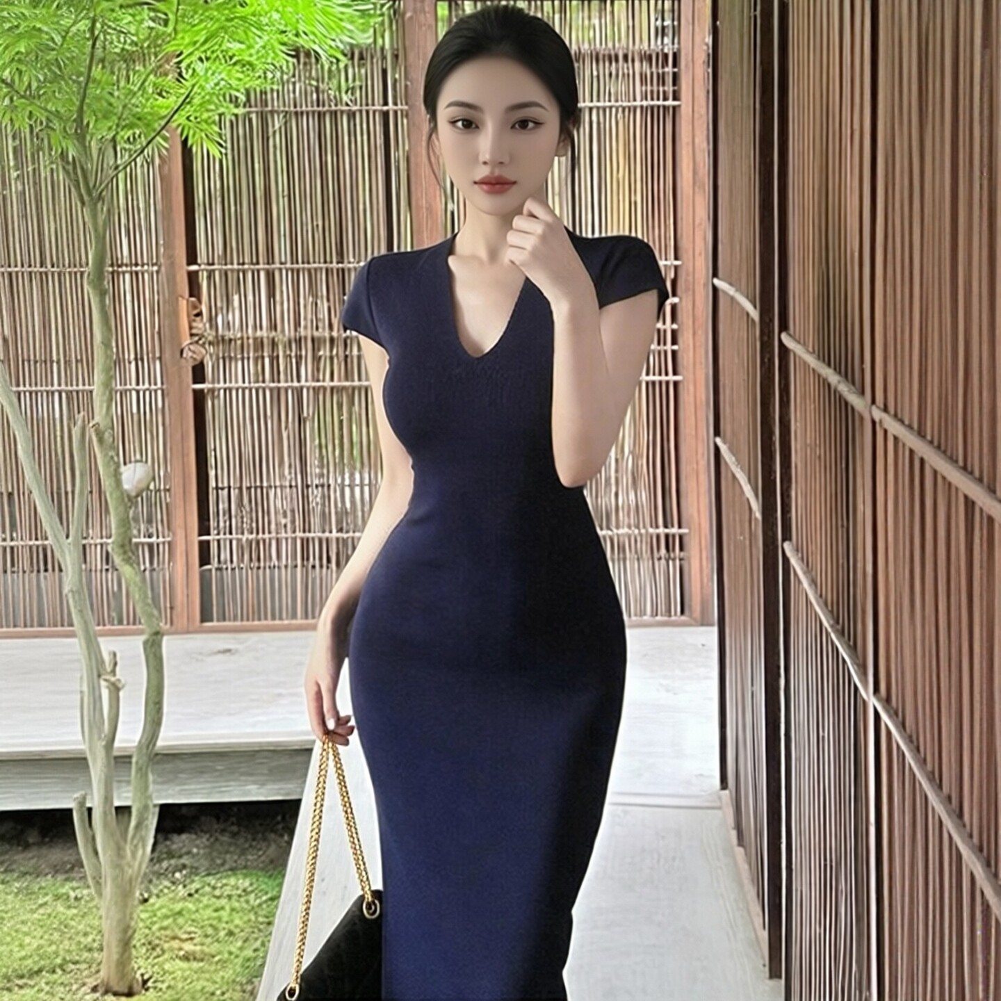 性感包臀裙子收腰V领修身连衣裙