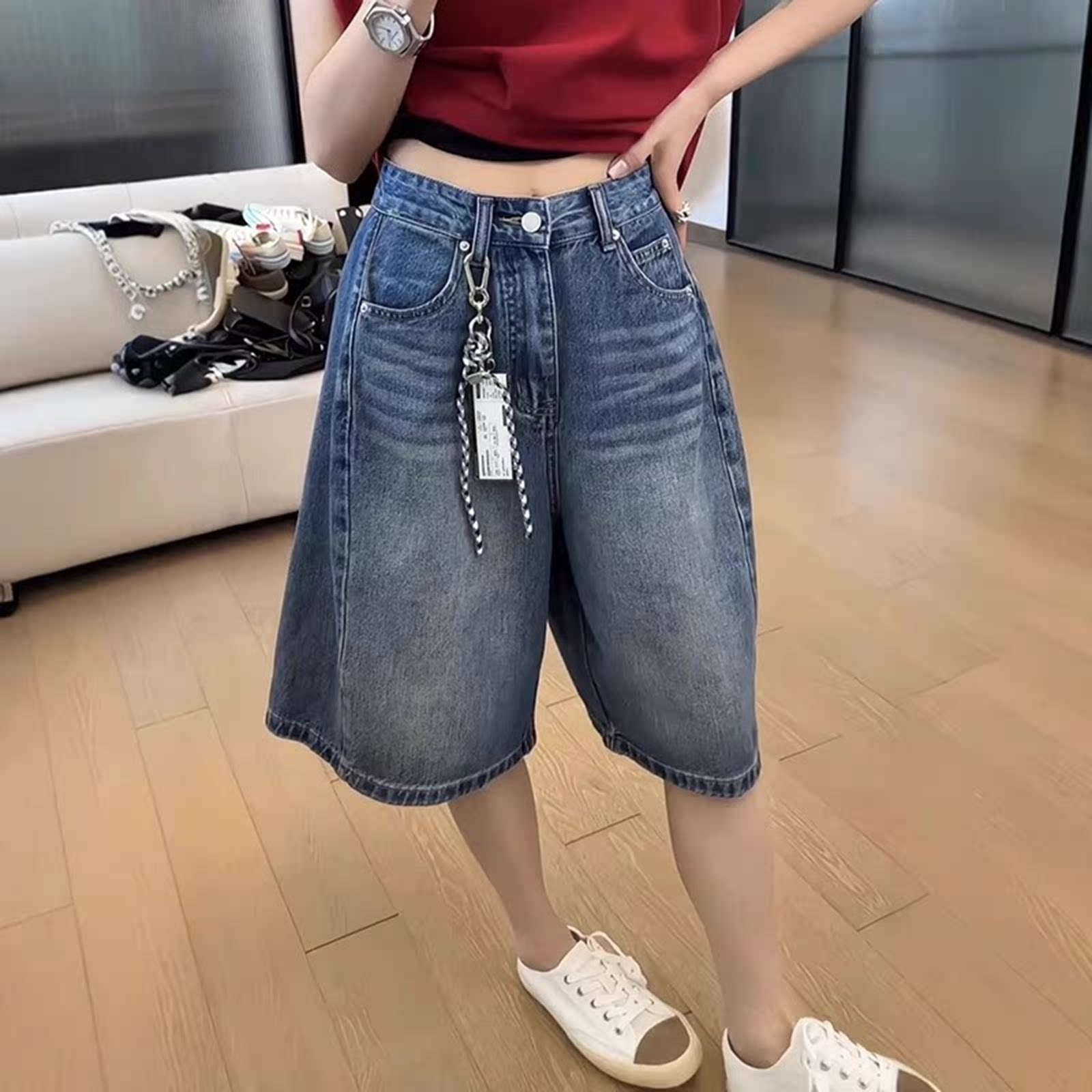 夏季蓝色牛仔短裤女士薄款复古高腰宽松直筒中裤小个子五分阔腿裤