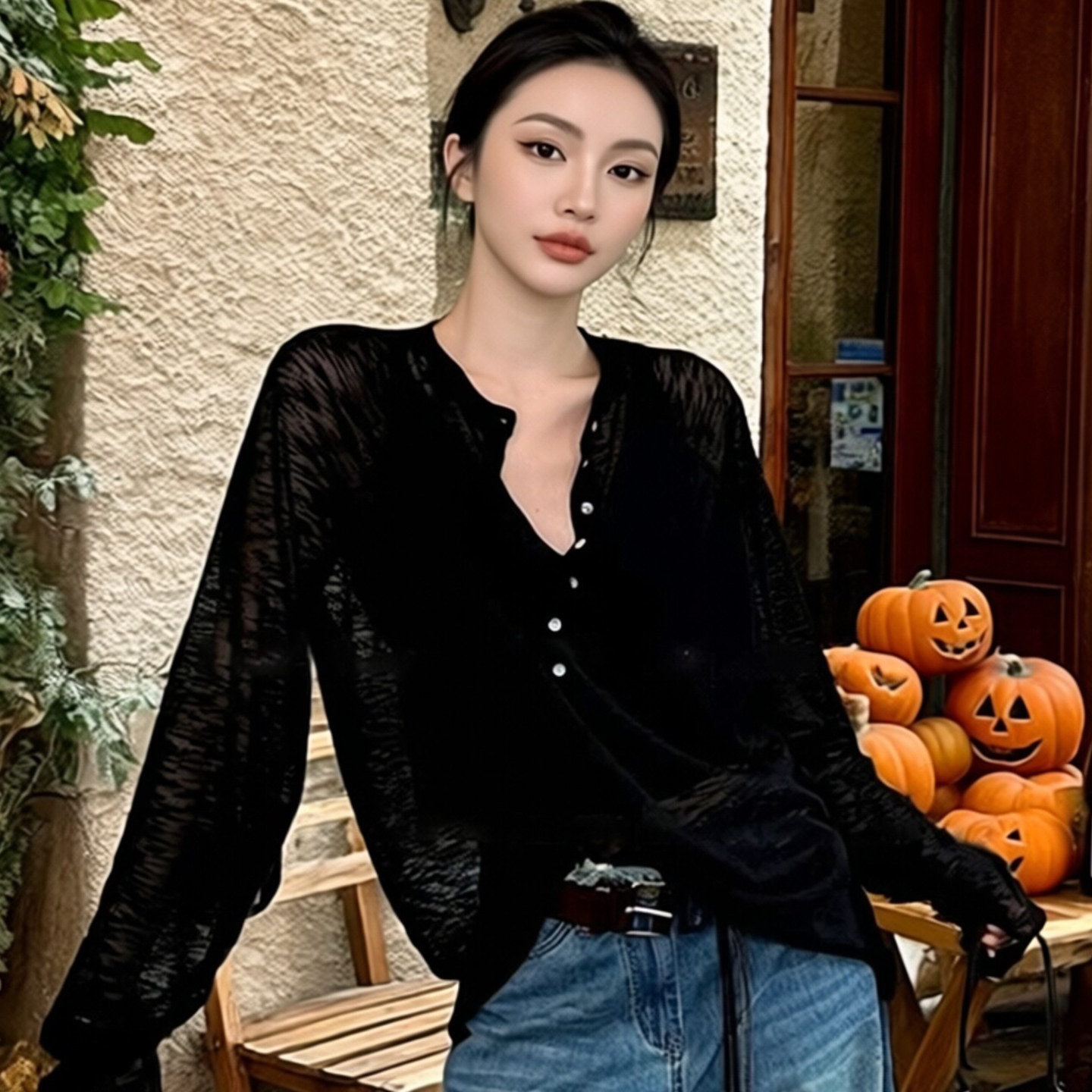春秋薄款冰丝半开领长袖针织衫