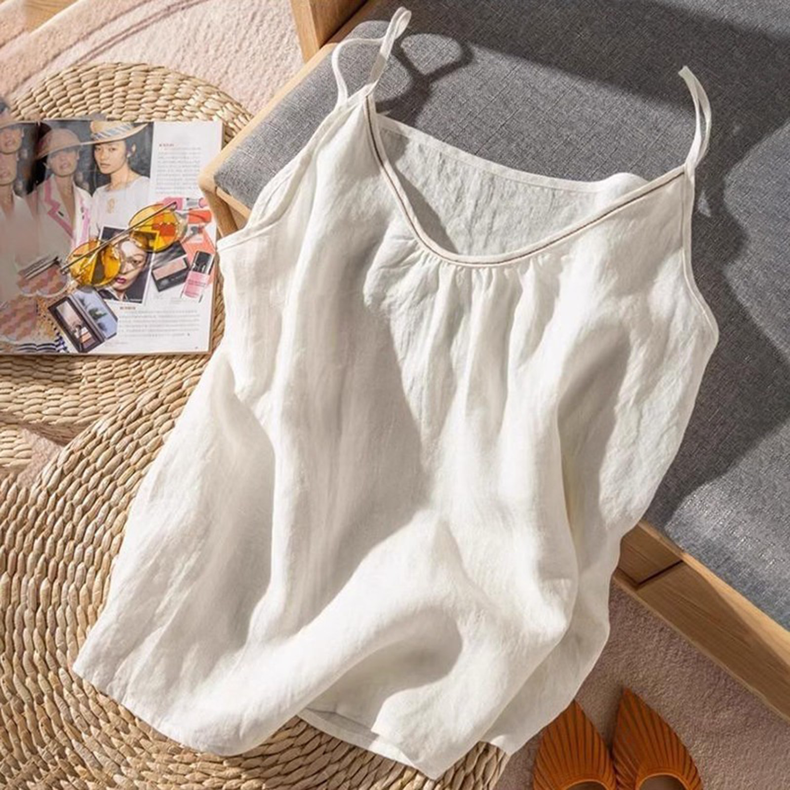 棉麻吊带背心女内搭纯季白色V领透气外穿宽松大码亚麻无袖上衣