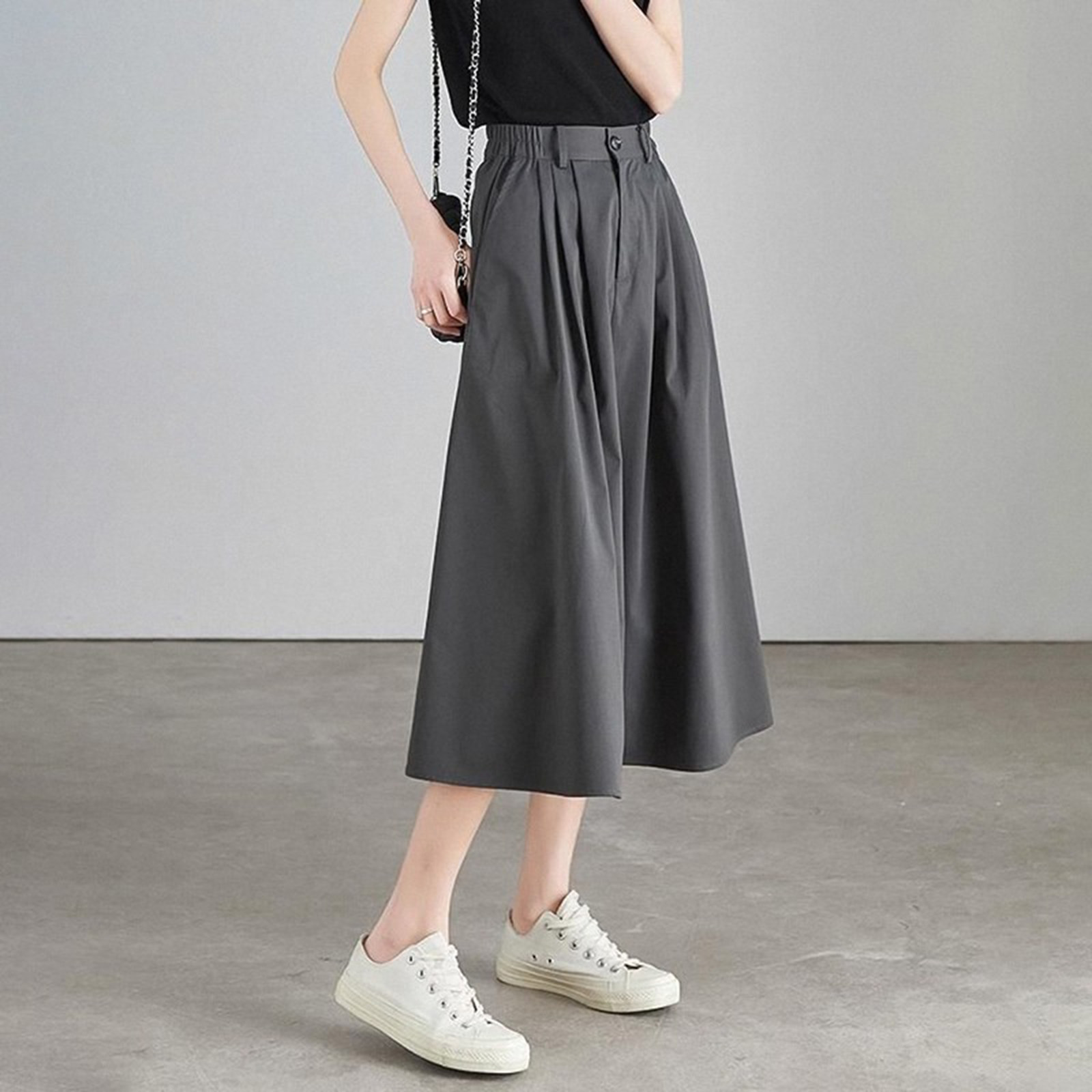 灰色半身裙女夏季高腰显瘦休闲日系a字裙梨形身材遮跨中长款伞裙