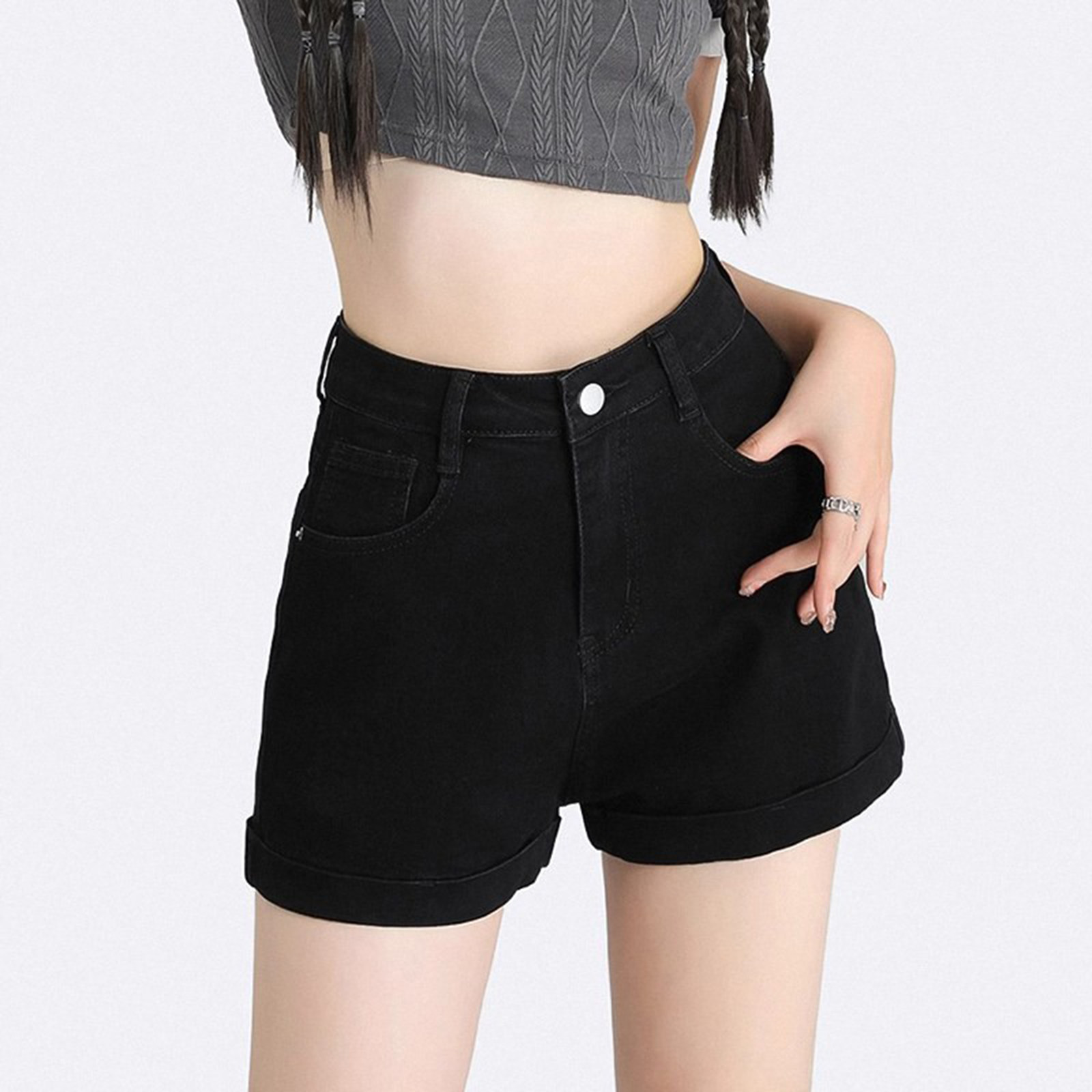 黑色牛仔短裤女夏季2024新款高腰显瘦百搭a字小个子卷边弹力热裤