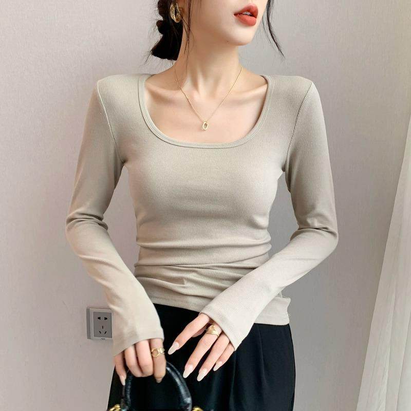 U领长袖T恤女春秋新款内搭修身显瘦打底衫大领口低领锁骨方领上衣