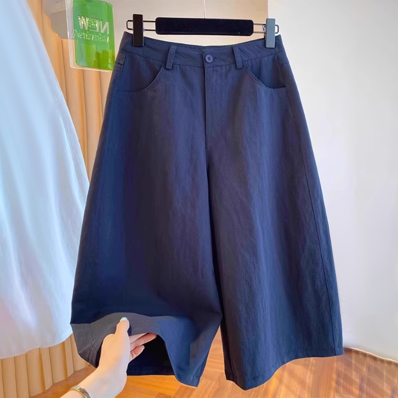 藏青色七分休闲裤女2025新款夏季薄款梨形身材大码宽松直筒阔腿裤