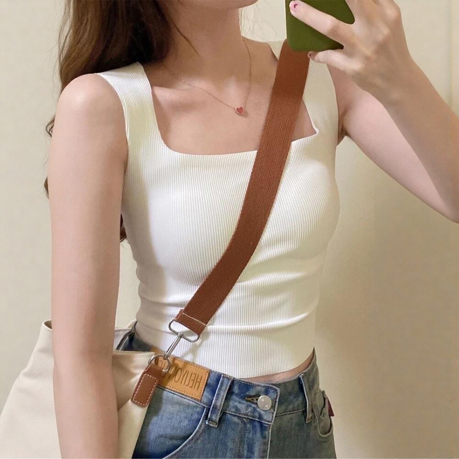 白色吊带背心女带胸垫复古方领遮副乳无袖上衣打底衫配西装的内搭