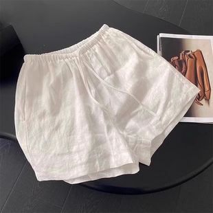 白色亚麻短裤女夏季新款外穿a字裤宽松阔腿裤薄款休闲中裤五分裤