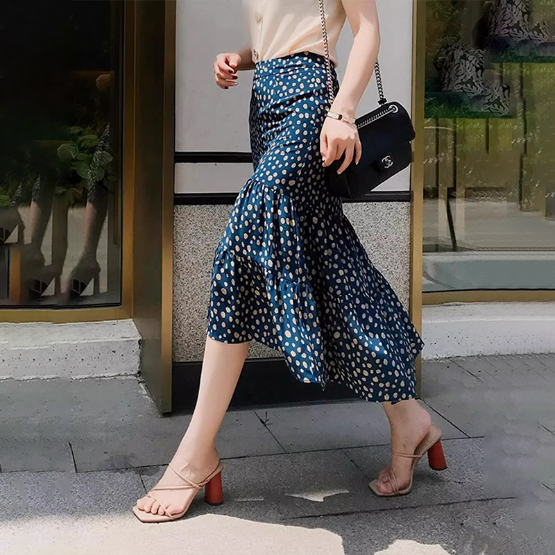 复古高腰波点半身裙女夏季中长款不规则碎花雪纺裙气质包臀鱼尾裙