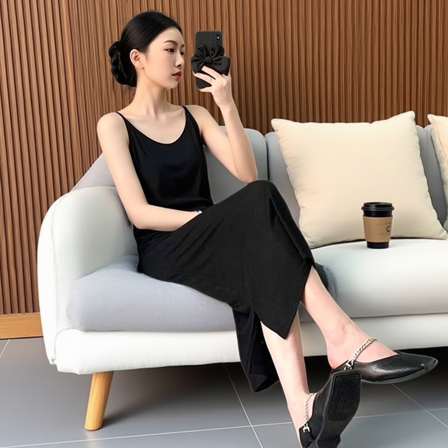 黑色V领吊带连衣裙小黑裙