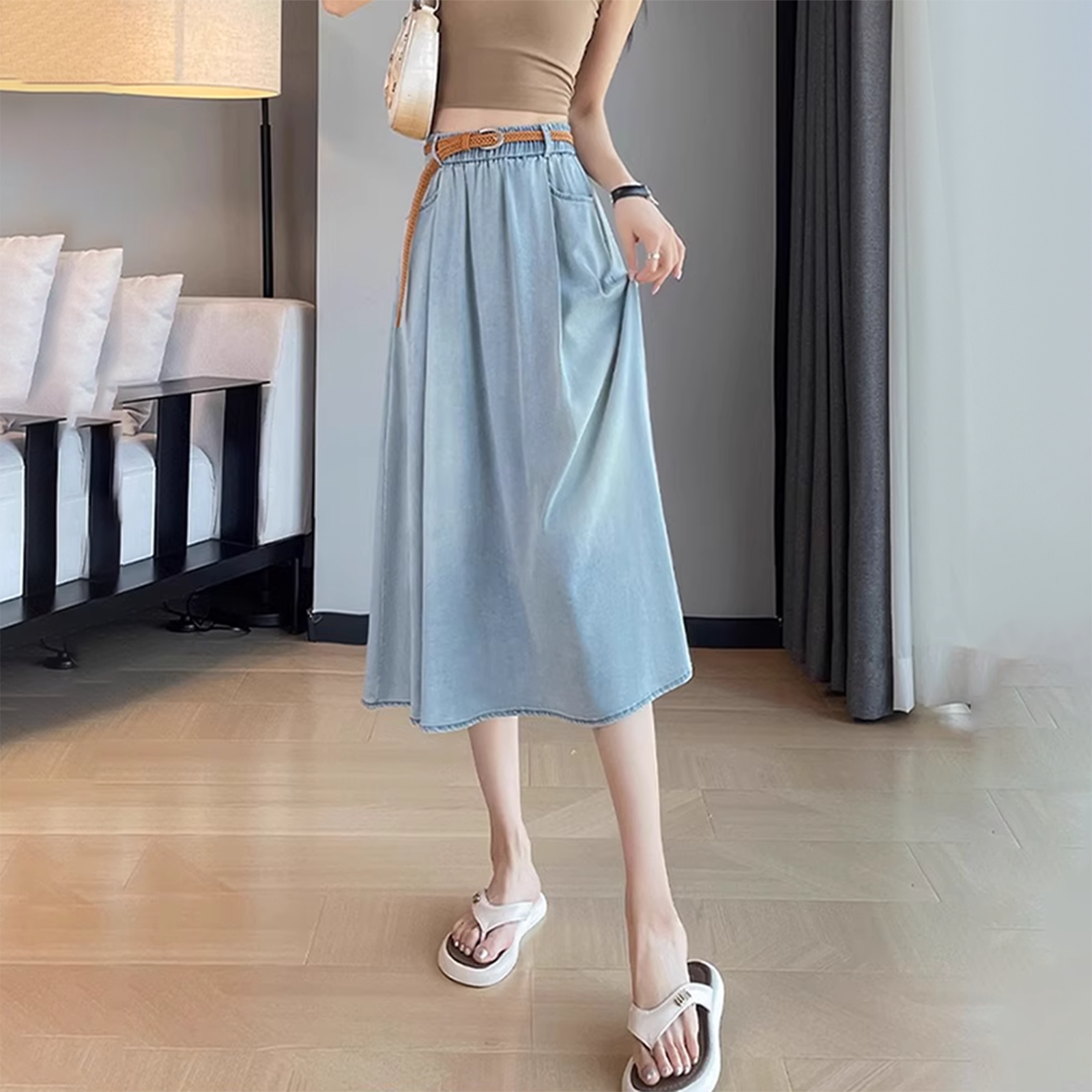 天丝软牛仔半身裙女夏季薄款高腰a字遮胯梨形身材蓝色冰丝裙子