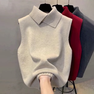 翻领针织马甲背心女秋冬宽松小个子马夹叠穿皮草内搭打底毛衣坎肩