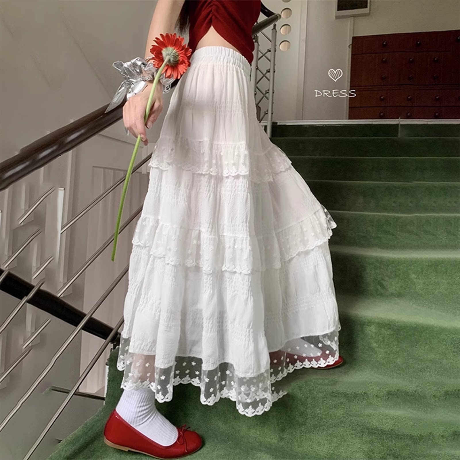 白色半身裙女春秋高腰显瘦a字长裙中长款蕾丝花边蛋糕裙大摆伞裙