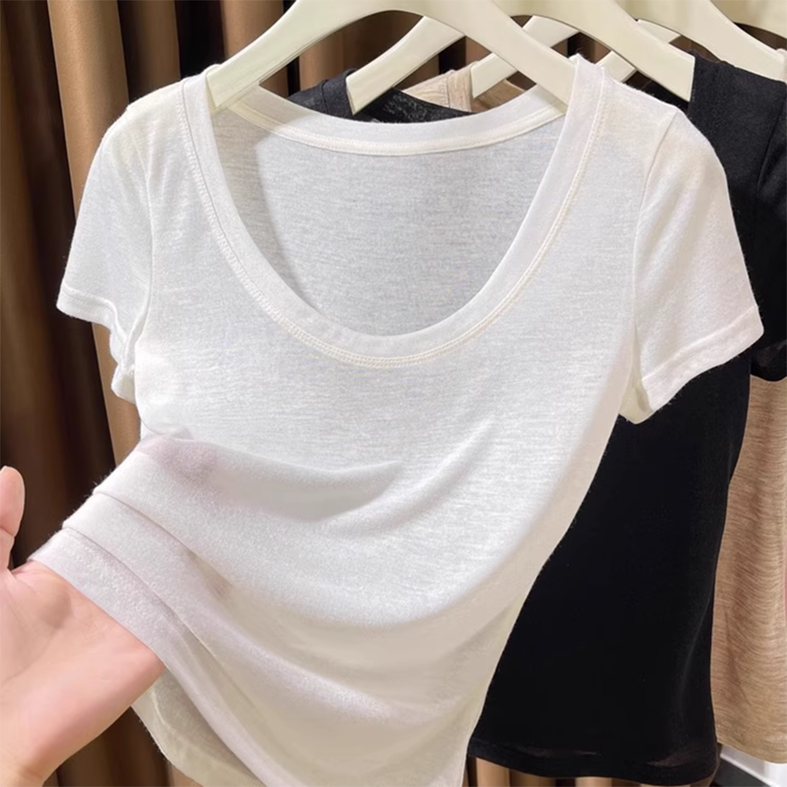 超薄天丝面膜短袖t恤女夏季新款大圆领轻薄软糯显瘦冰丝针织上衣