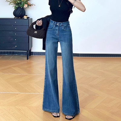 蓝色微喇牛仔裤阔腿喇叭裤