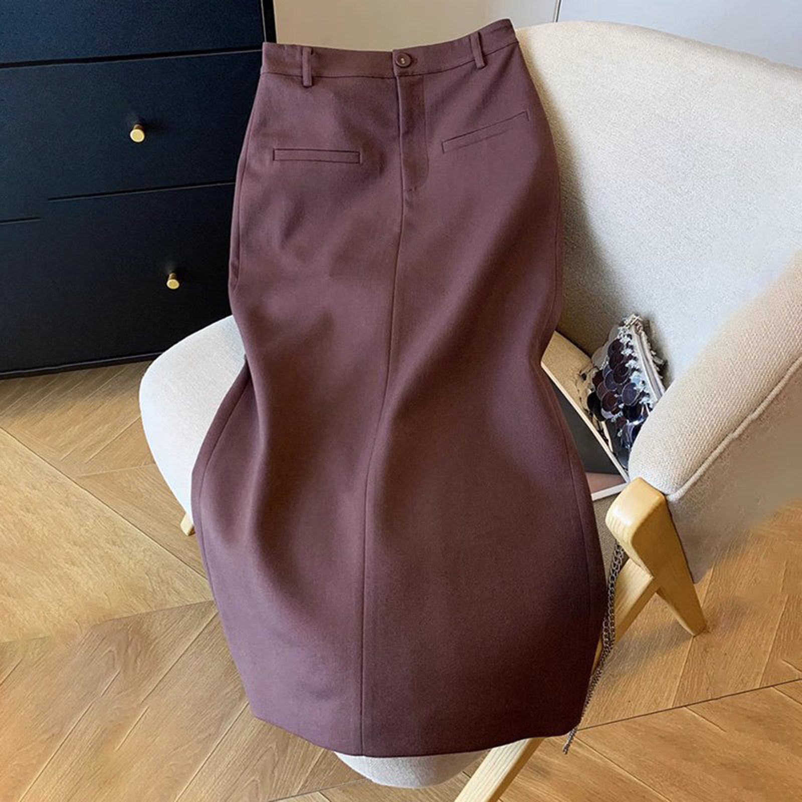 气质重磅红咖色半身裙女春秋高腰开叉直筒裙高级感西装裙一步长裙