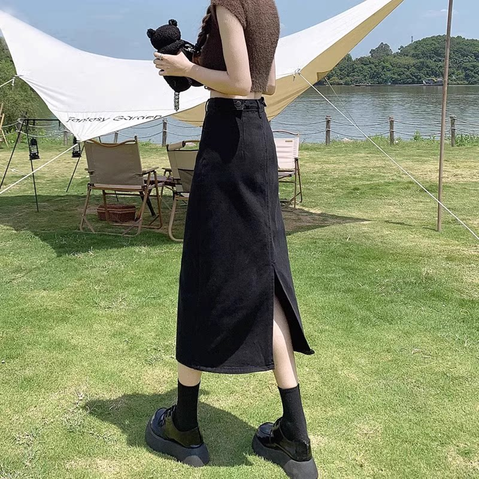 黑色开叉牛仔半身裙女春夏季2025新款小个子高腰a字中长包臀裙子