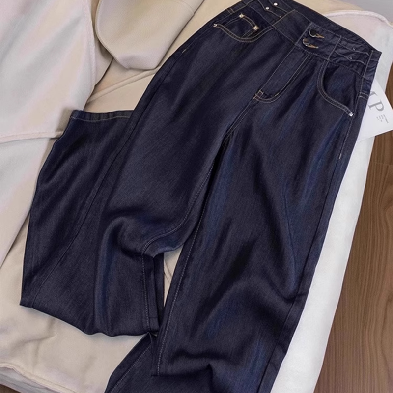 深蓝色天丝牛仔裤女夏天薄款高腰直筒宽松垂感宽松冰丝阔腿拖地裤
