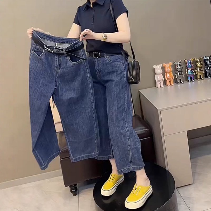 夏季薄款蓝色直筒牛仔裤女高腰弹力显瘦小个子显高八分弯刀阔腿裤