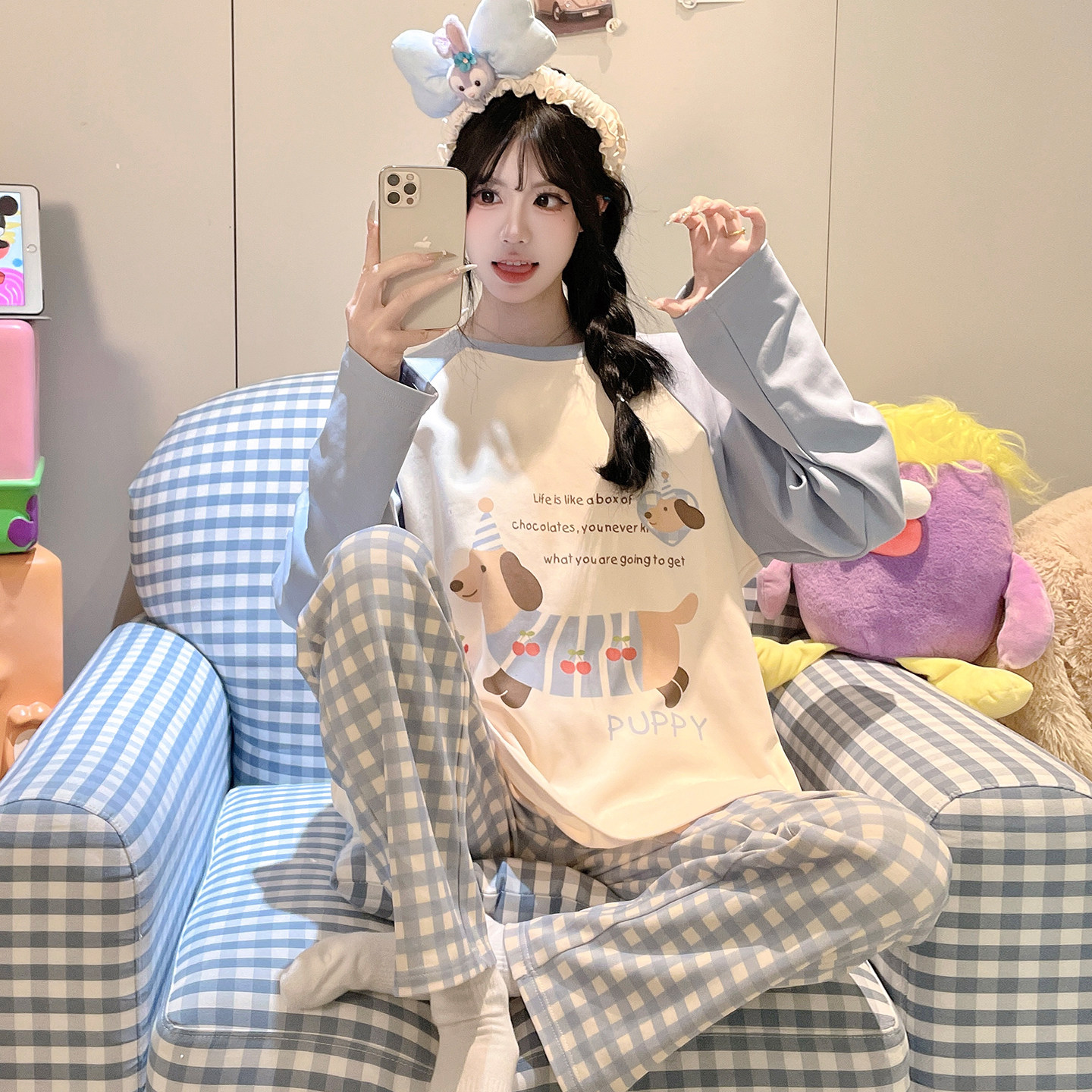 睡衣少女士春秋季纯棉长袖甜美风初中学生秋冬薄款家居服套装夏款