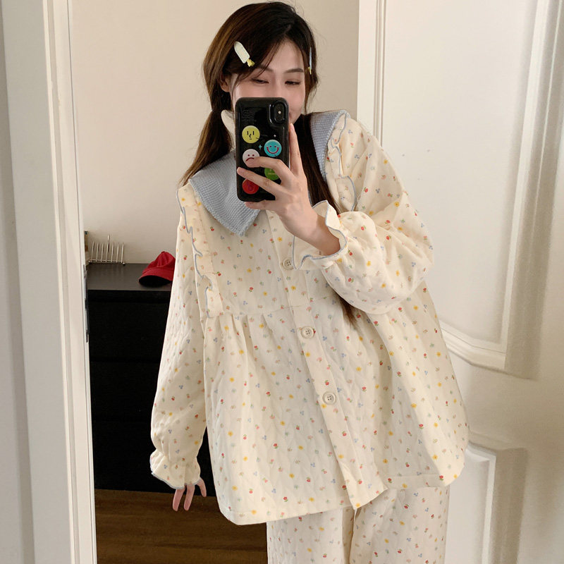 秋冬加厚空气棉月子服女长袖翻领