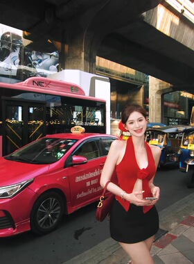 with Jean红色立体花朵挂脖纯欲上衣夏复古辣妹低胸露背吊带背心
