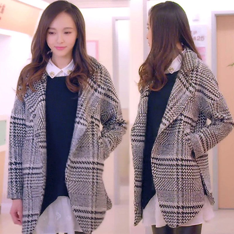 毛呢外套女中长款 加厚韩版千鸟格大码呢子大衣克拉恋人唐嫣同款