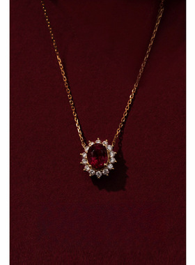 S925纯银镀18K金红宝石项链 复古轻奢简约百搭气质石榴红锆石吊坠