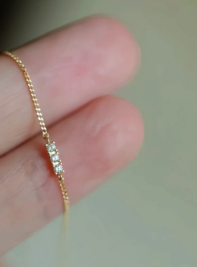 S925纯银镀14K金一字三钻手链女 日系小心机极细百搭小众设计手饰